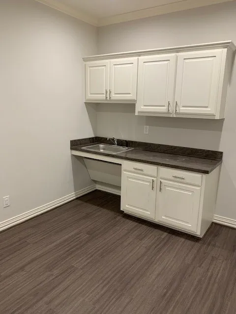 Kitchen with dark wood-type flooring, white cabinetry, ornamental molding, and sink