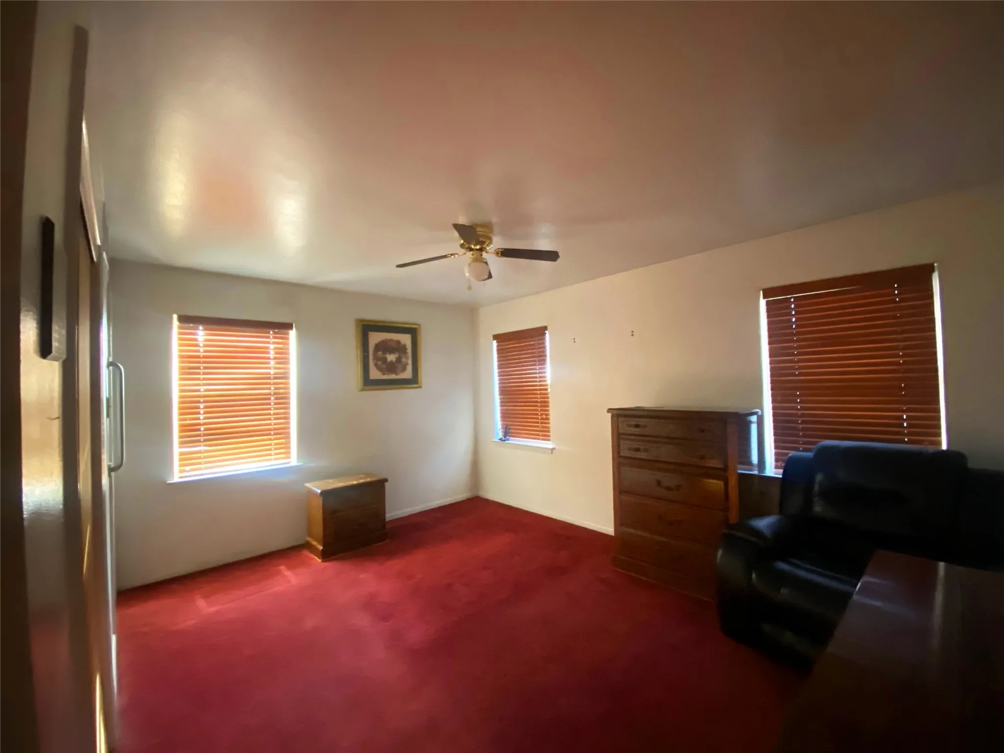 Living area with carpet and ceiling fan