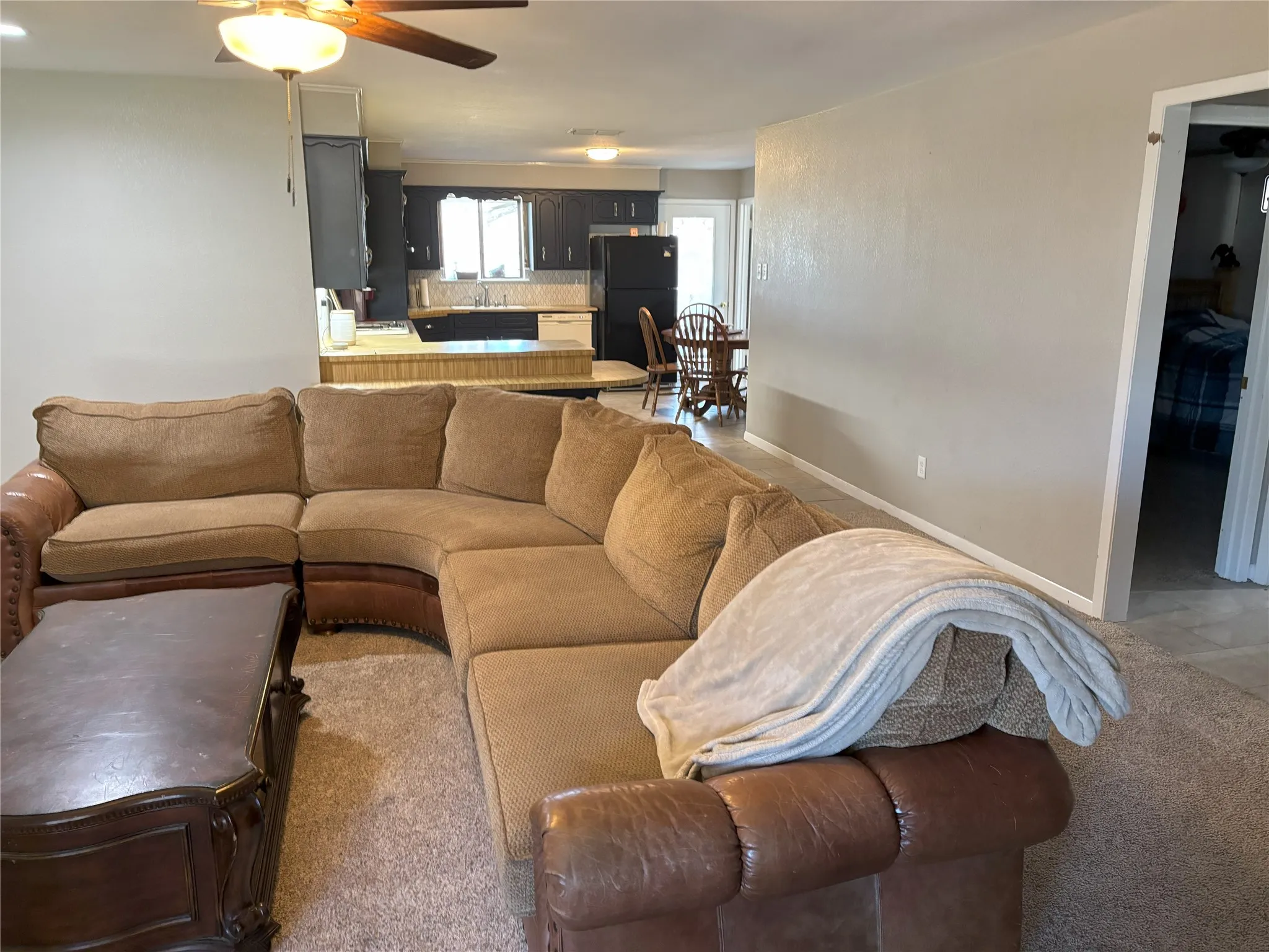 Carpeted living room with ceiling fan