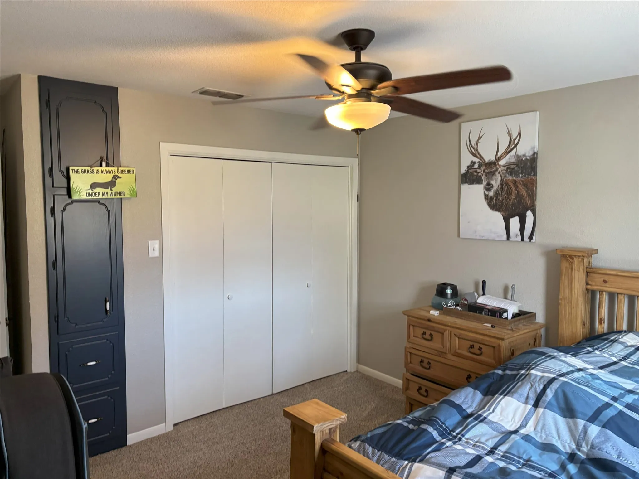 Bedroom featuring ceiling fan, dark carpet, and a closet