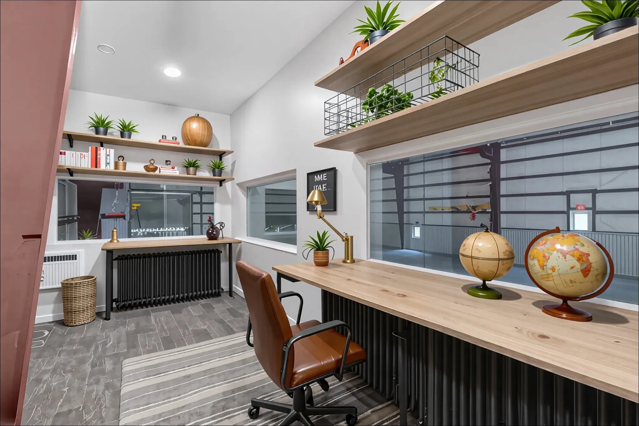 Virtually Staged Office area with wood-like floors with baseboards and two picture windows overlooking the interior of the warehouse