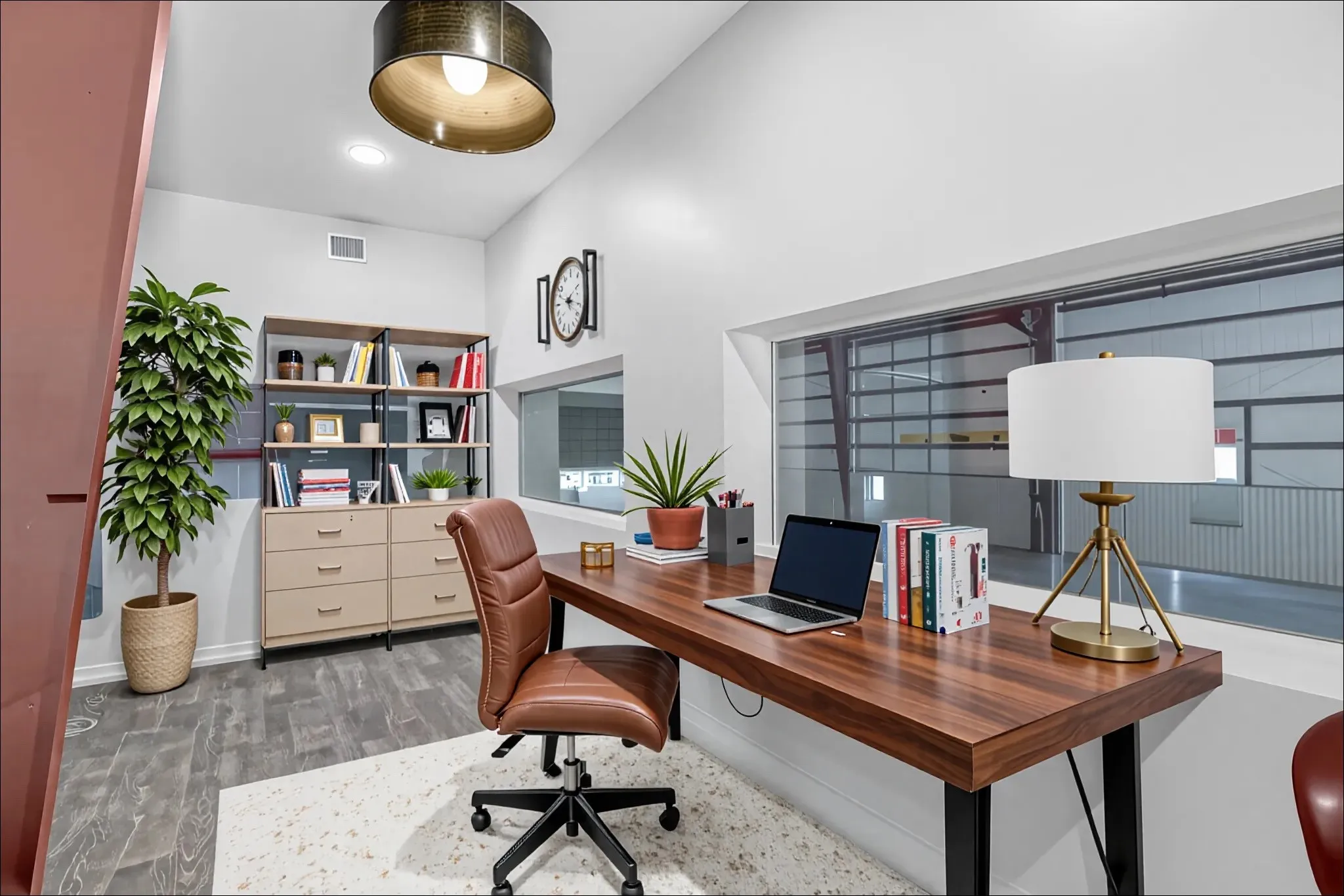 Virtually Staged Office featuring wood-like  floors with baseboards and two picture windows overlooking warehouse interior