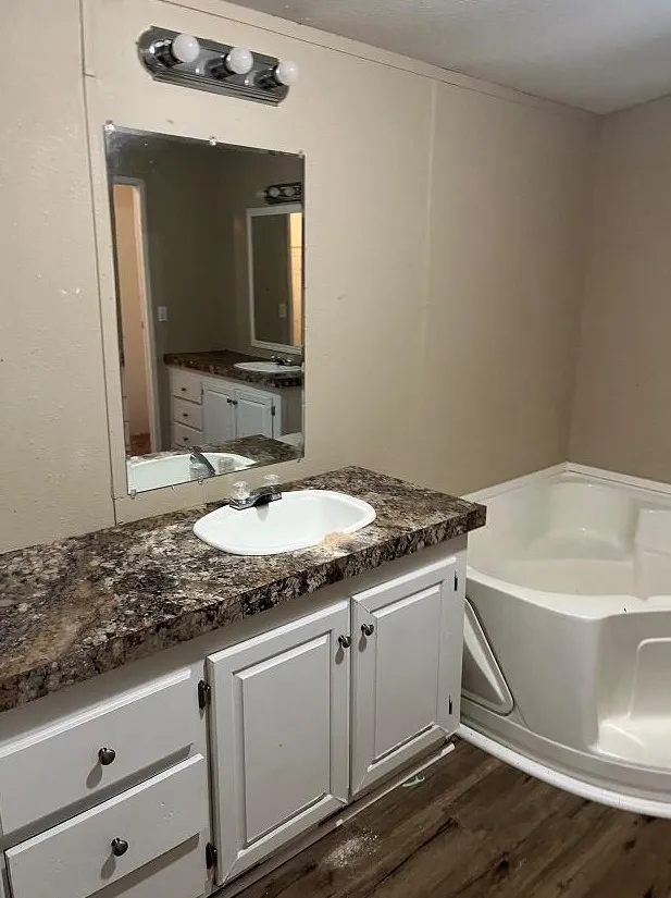 Bathroom featuring hardwood / wood-style flooring, vanity, and a bathtub