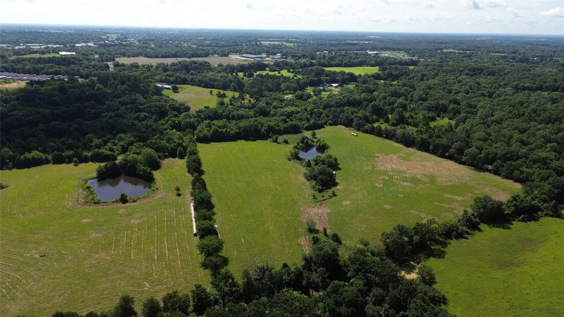 Aerial view of a large body of water and a heavily wooded area