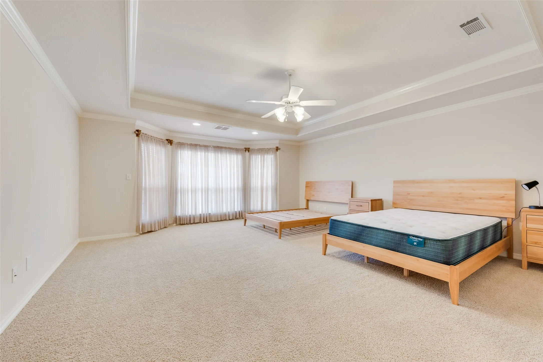 Large Primary Bedroom with recessed ceiling and ceiling fan