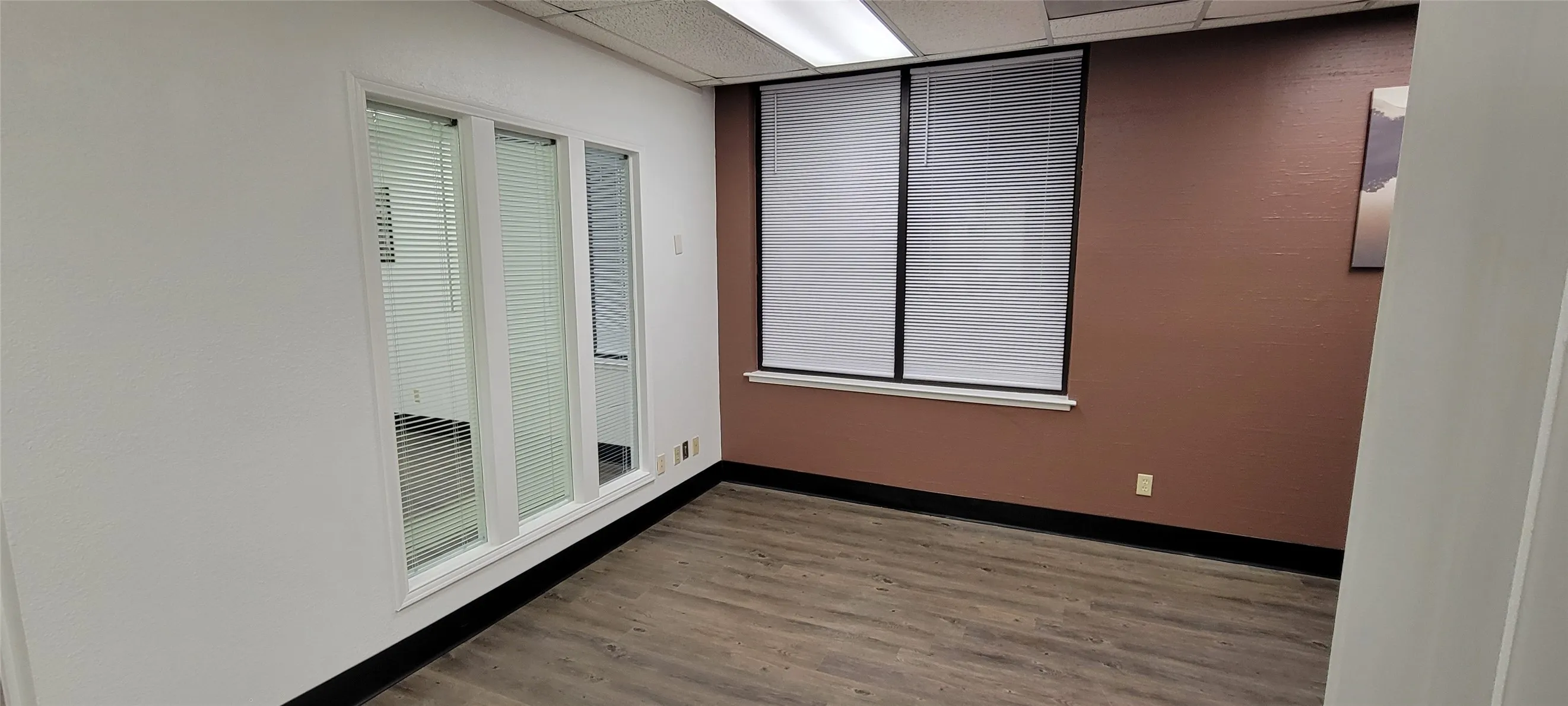 View from reception showing internal windows blinds to office