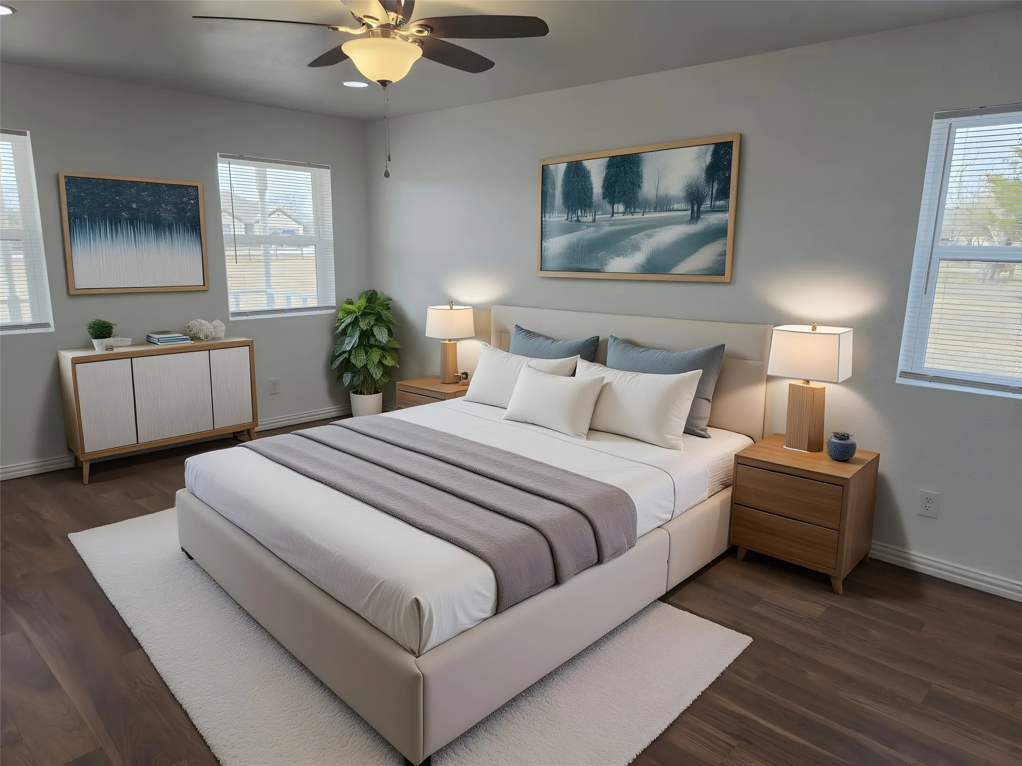 Bedroom featuring dark wood-type flooring and ceiling fan