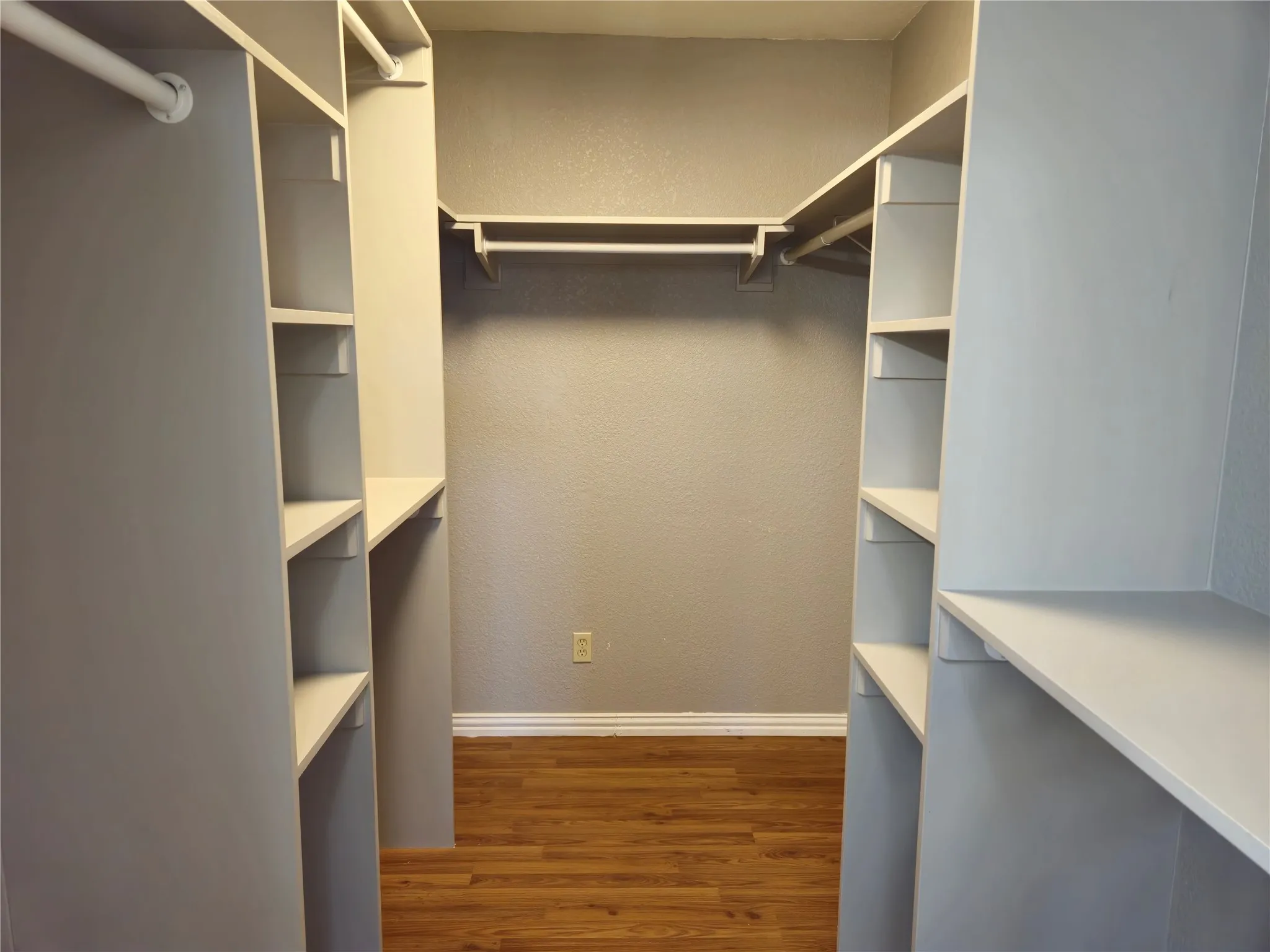 Walk in closet with wood finished floors