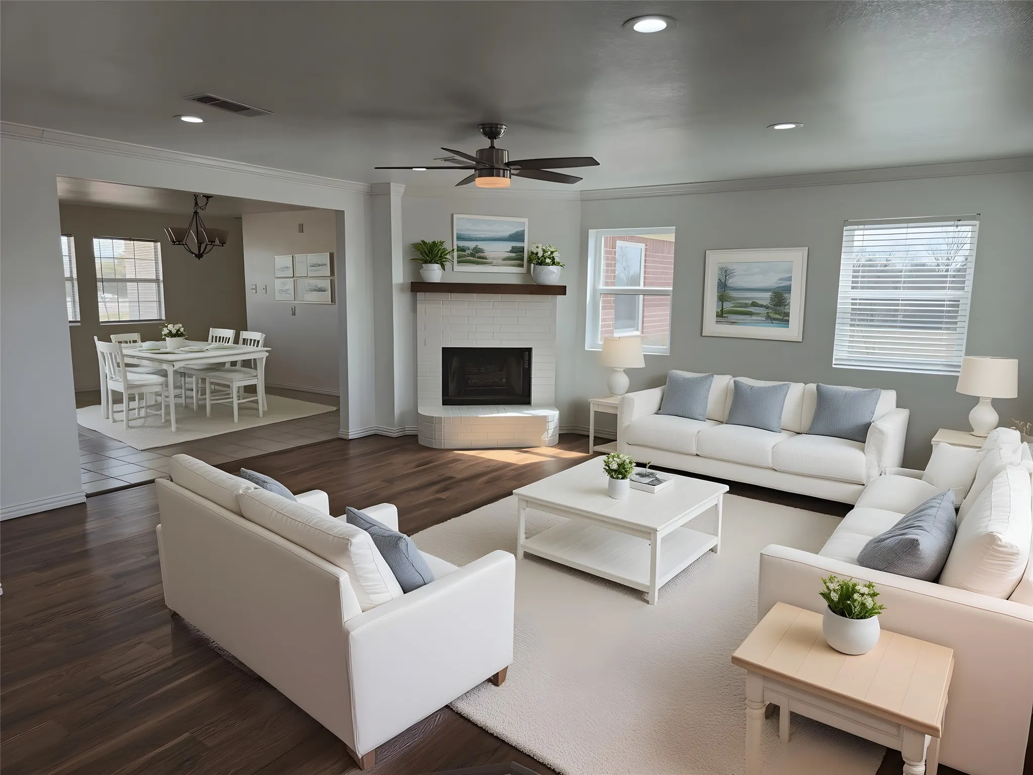 Living room featuring ornamental molding, wood finished floors, plenty of natural light, a fireplace, and recessed lighting