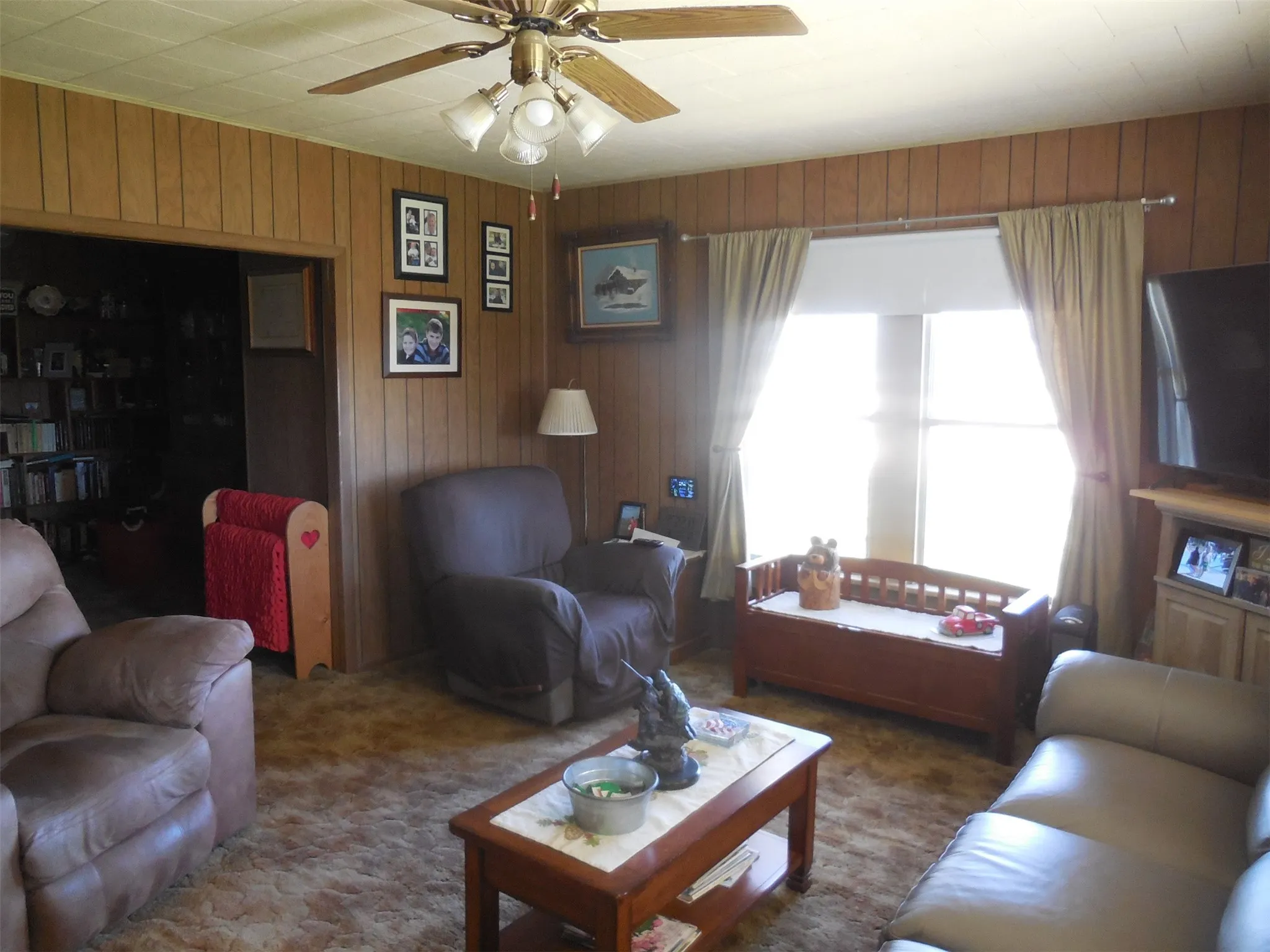 Living area featuring wooden walls, carpet flooring, and ceiling fan
