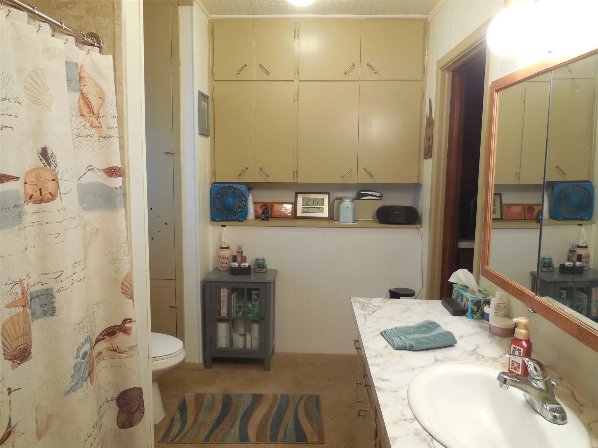 Bathroom with a shower with curtain, toilet, and vanity