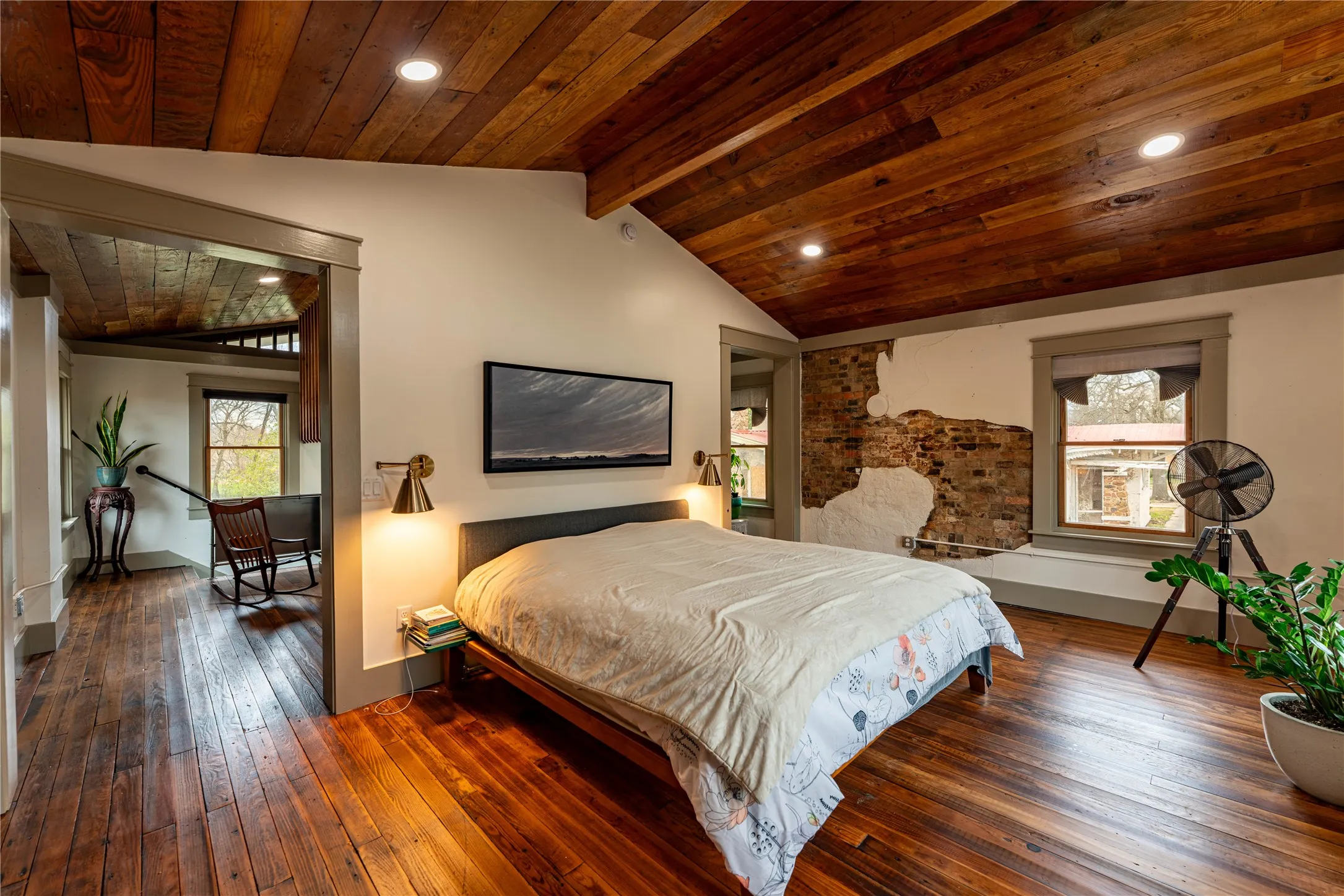 Bedroom with recessed lighting, wood-type flooring, baseboards, wood ceiling, and vaulted ceiling with beams