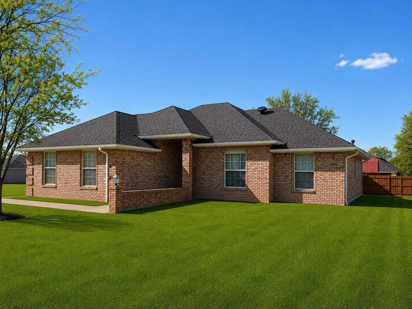 View of property exterior featuring a yard, brick siding, and roof with shingles