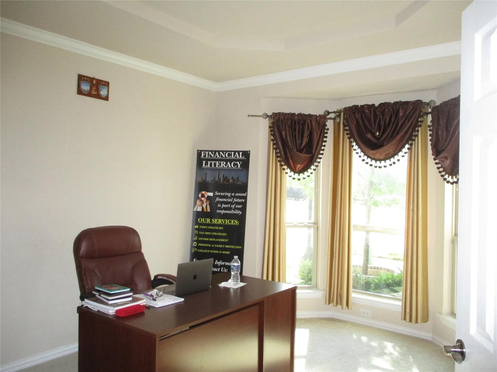 Home office featuring a tray ceiling, light colored carpet, baseboards, and ornamental molding