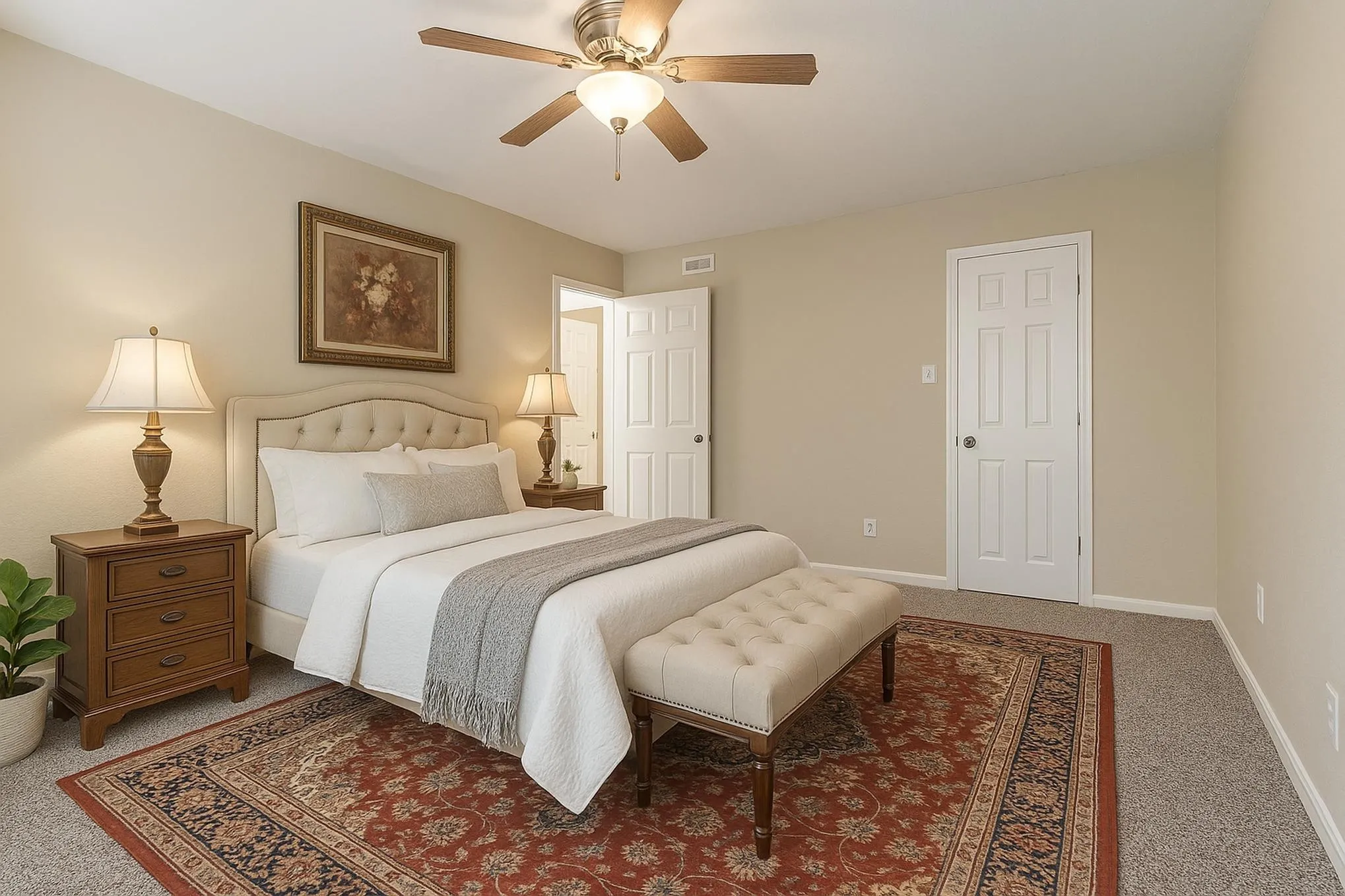 Bedroom with carpet floors and ceiling fan