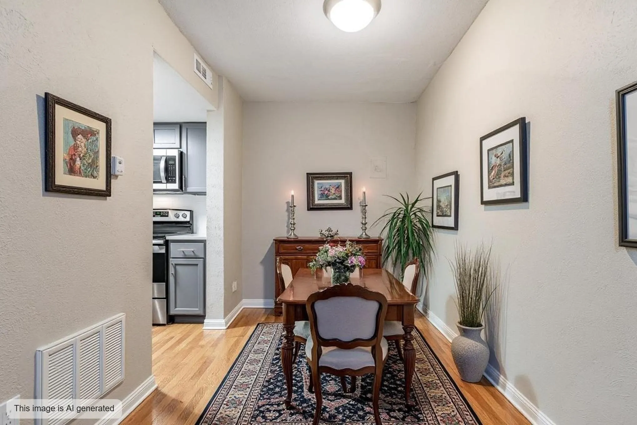 Virtual - Dining room with light wood-style flooring and baseboards