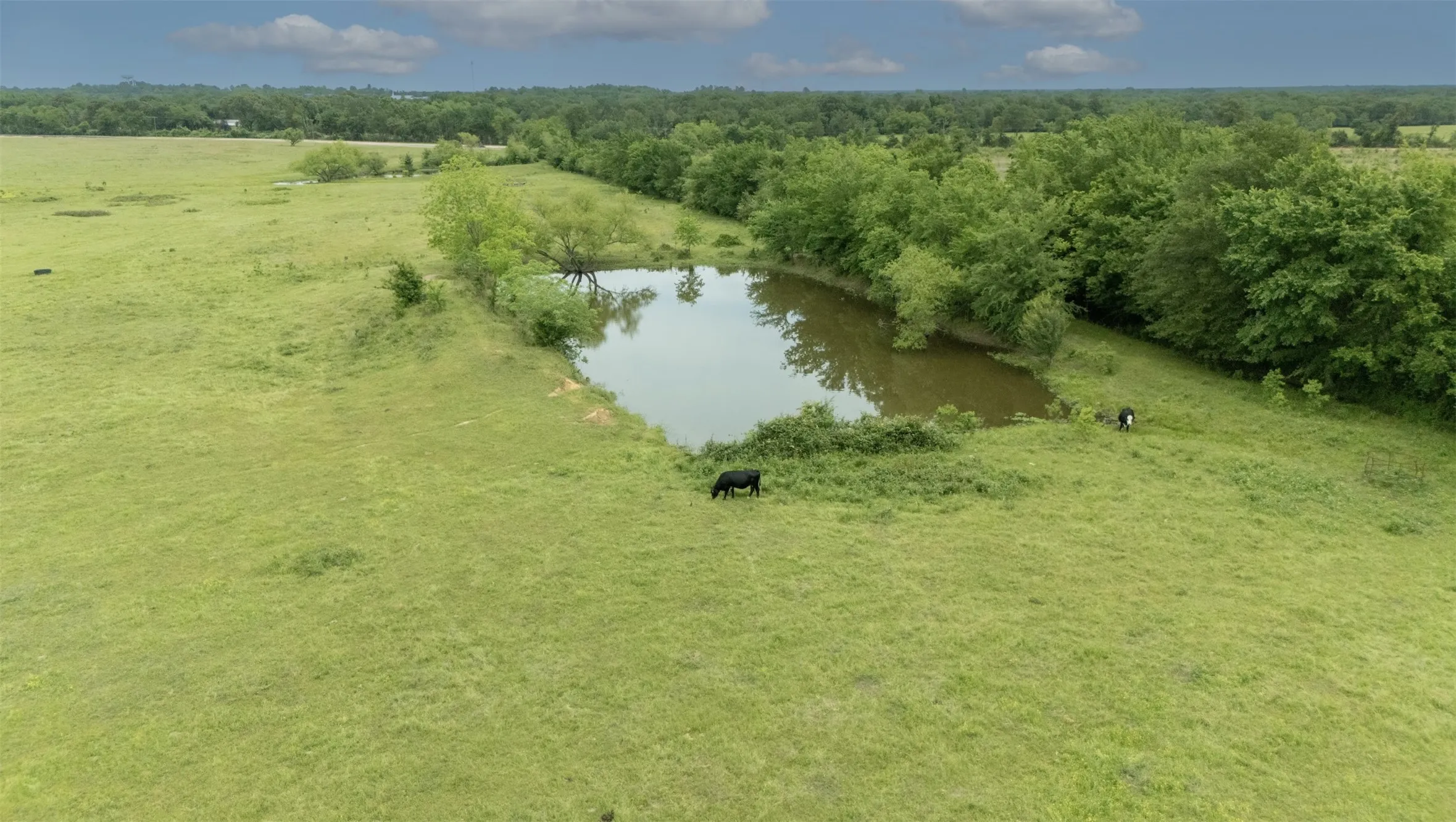 Overview of rural landscape featuring a nearby body of water