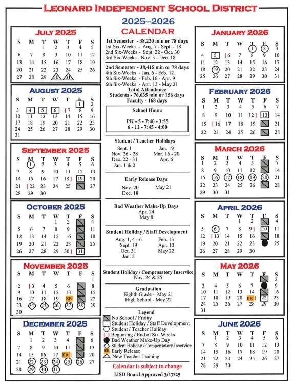 2025-2026 Leonard ISD Calendar