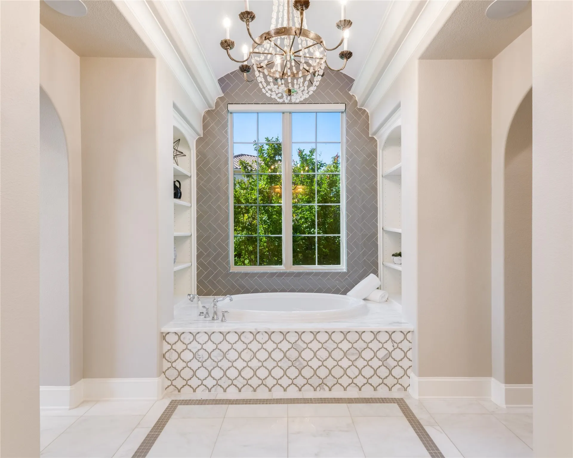 Your picture perfect home spa. Love the chandelier & barrel ceiling too.