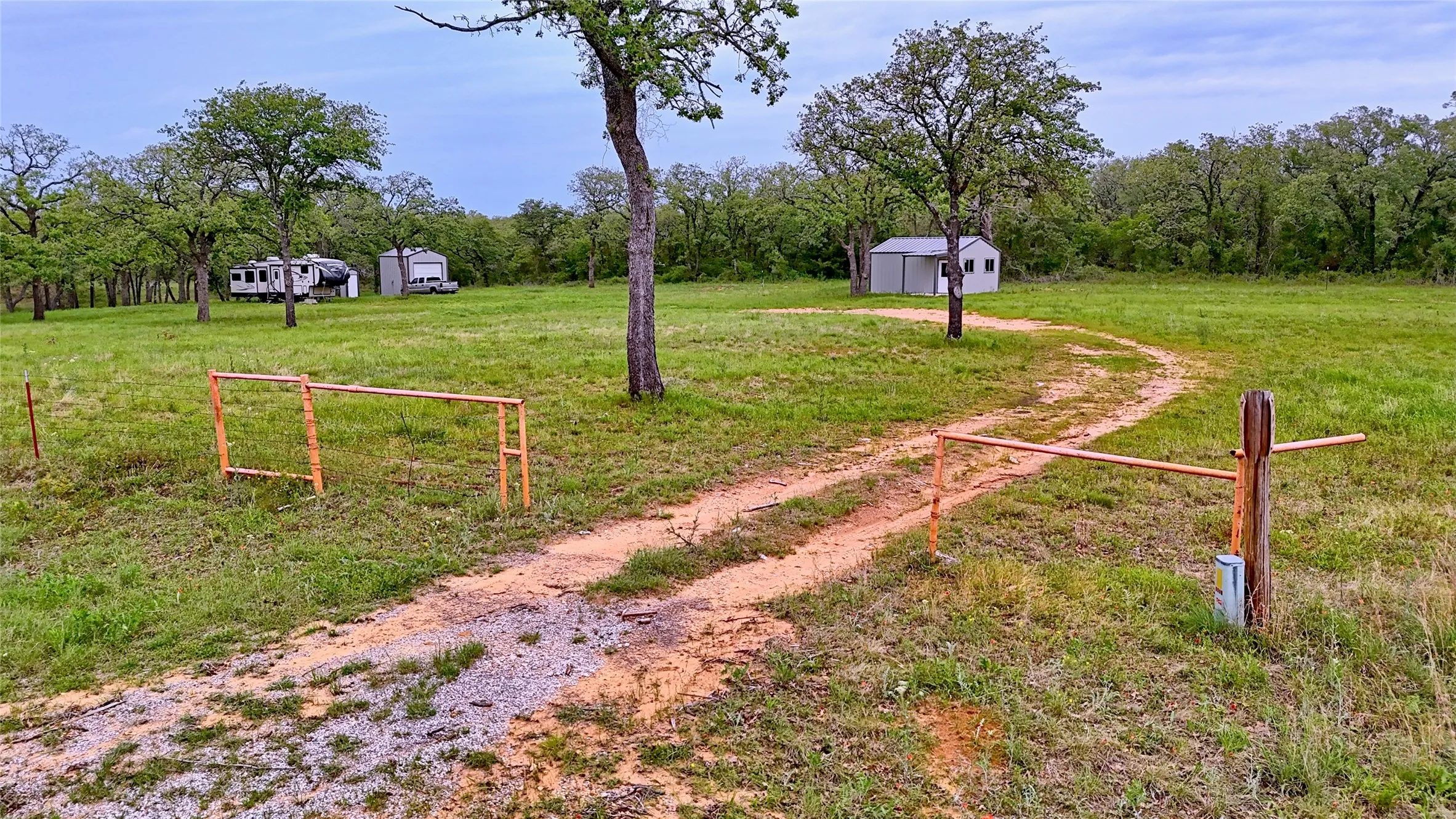 View of yard featuring a storage shed, an outdoor structure, and a forest view