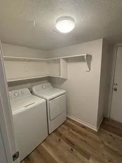 Dedicated laundry area featuring a washer and dryer, wood-finish flooring, ample white shelving, and a flush-mount ceiling light