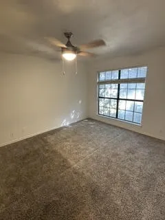 Room featuring a multi-pane window with horizontal blinds, neutral wall paint, and textured carpeting