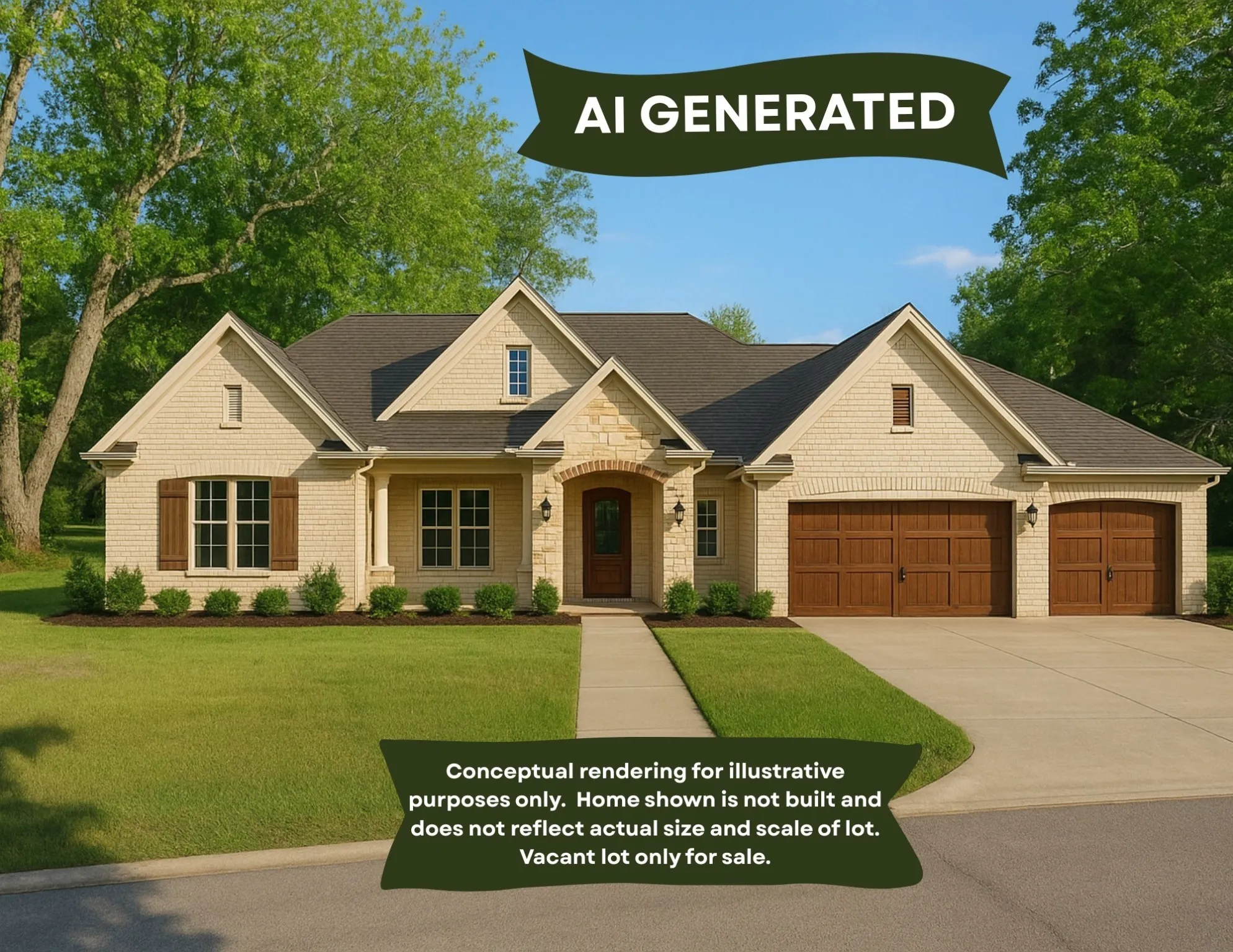 AI generated conceptual rendering for illustrative purposes only.  Home shown is not built or included with lot and does not reflect actual size and scale of lot.