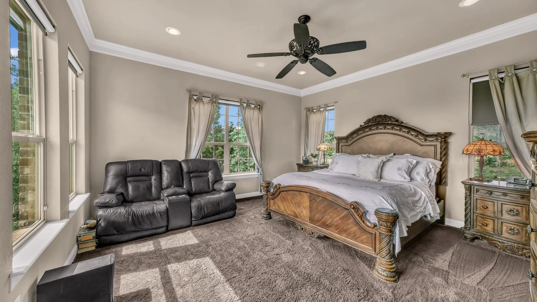 Bedroom featuring ornamental molding, carpet flooring, and recessed lighting