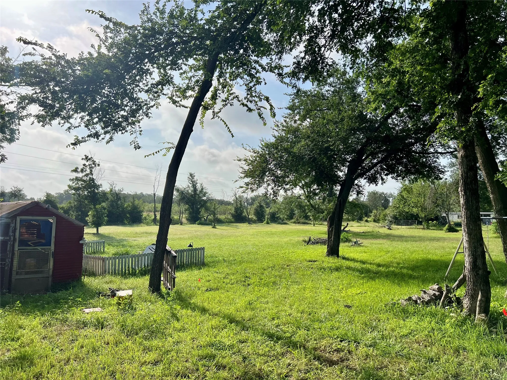 View of grassy yard with an outbuilding