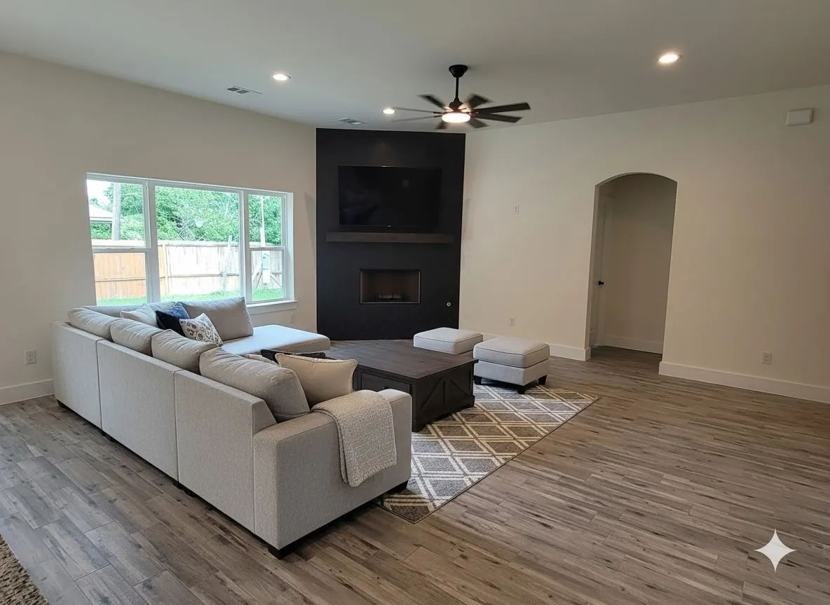 Spacious living area featuring wood-look flooring, recessed lighting, and a contemporary ceiling fan