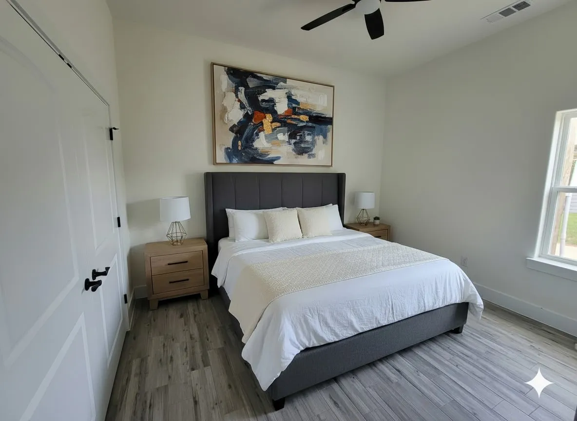 This room features light-colored walls, a ceiling fan, and a window providing natural light