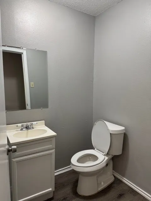 Bathroom with wood finished floors, vanity, baseboards, toilet, and a textured ceiling