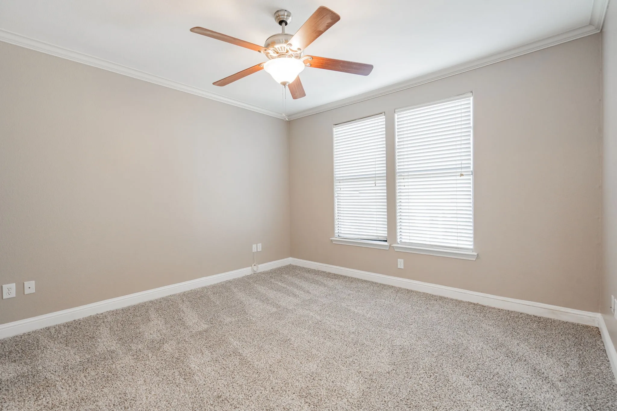 Spare room featuring carpet floors, ornamental molding, a ceiling fan, and baseboards