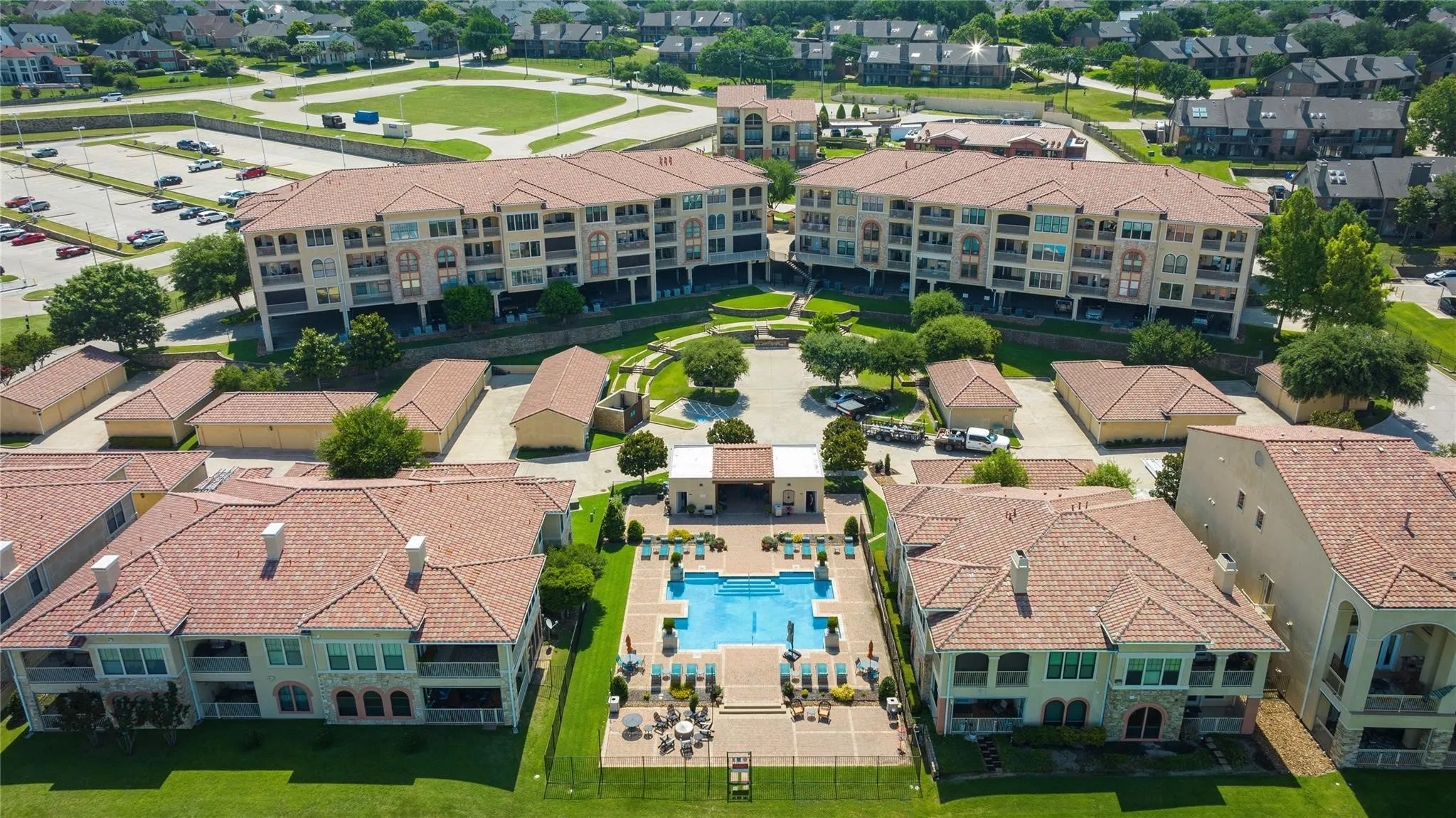 Aerial view of residential area with a pool area