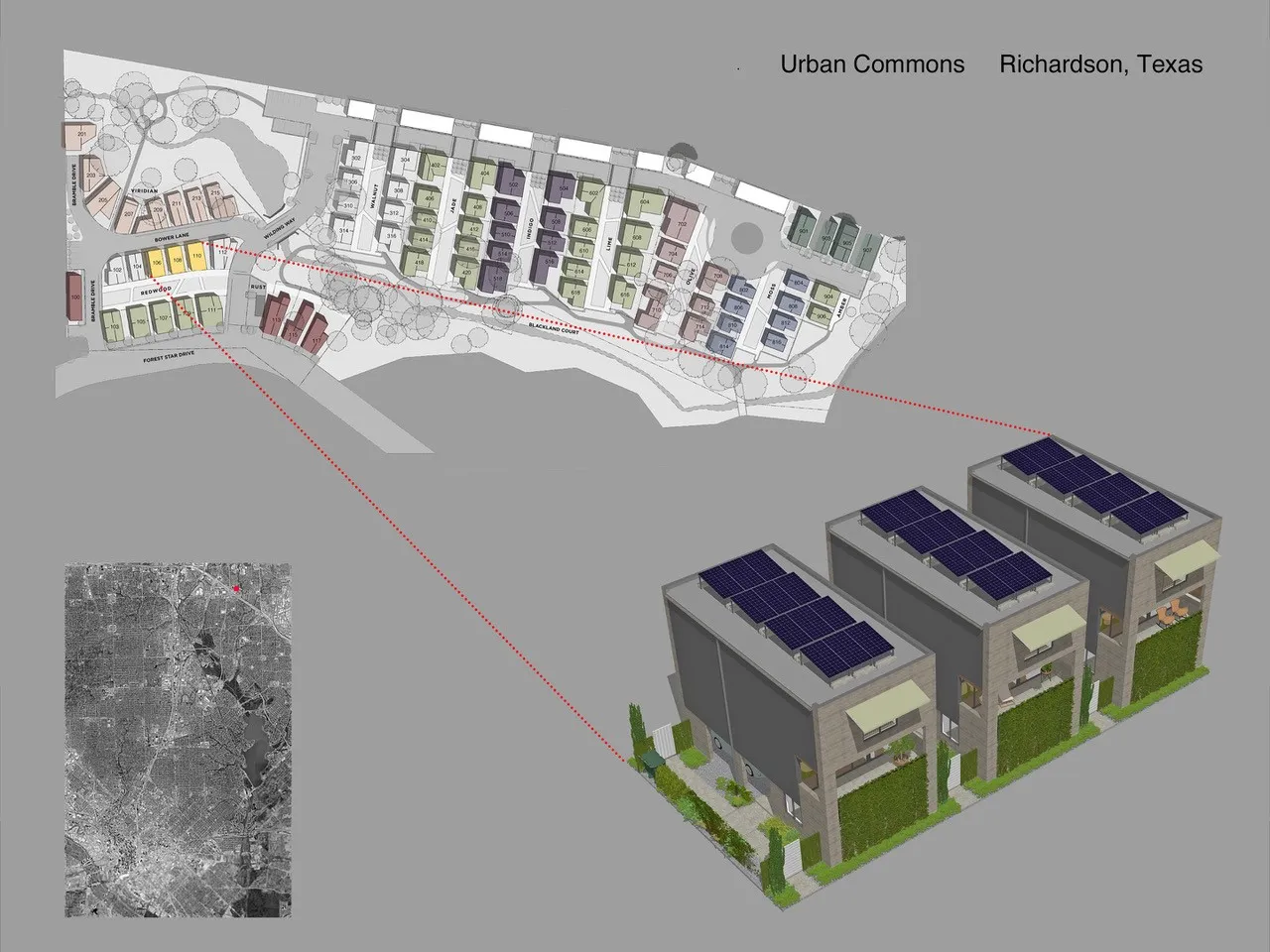 Site map of the Urban Commons community highlighting the location of the lot.  There are two more individual lots also available.  The additional lots are 106 Bower and 108 Bower.  The price is for the lot only.