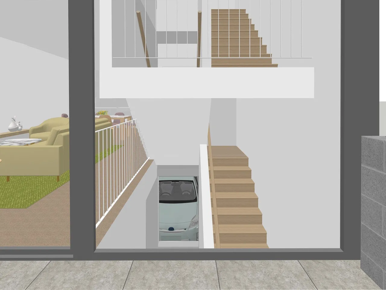 Cross section view of the staircase and living room.
