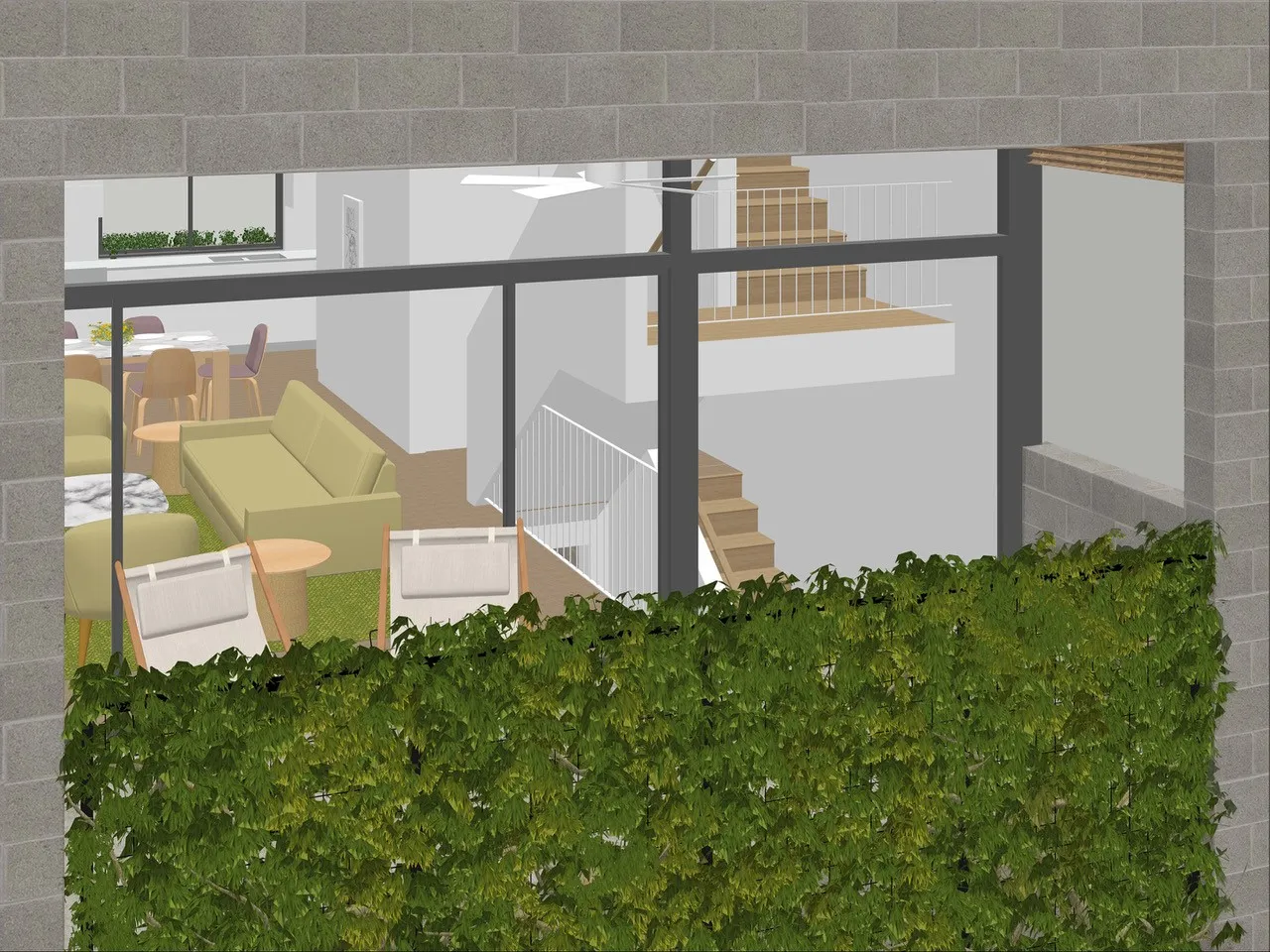 Bird's eye view looking into the living featuring a privacy screen.