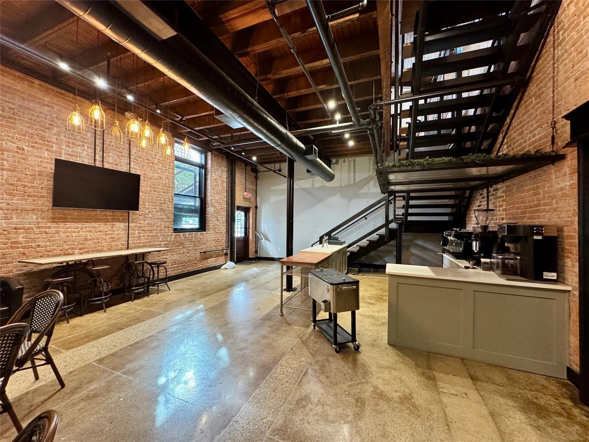 Building lobby with brick wall and stairs