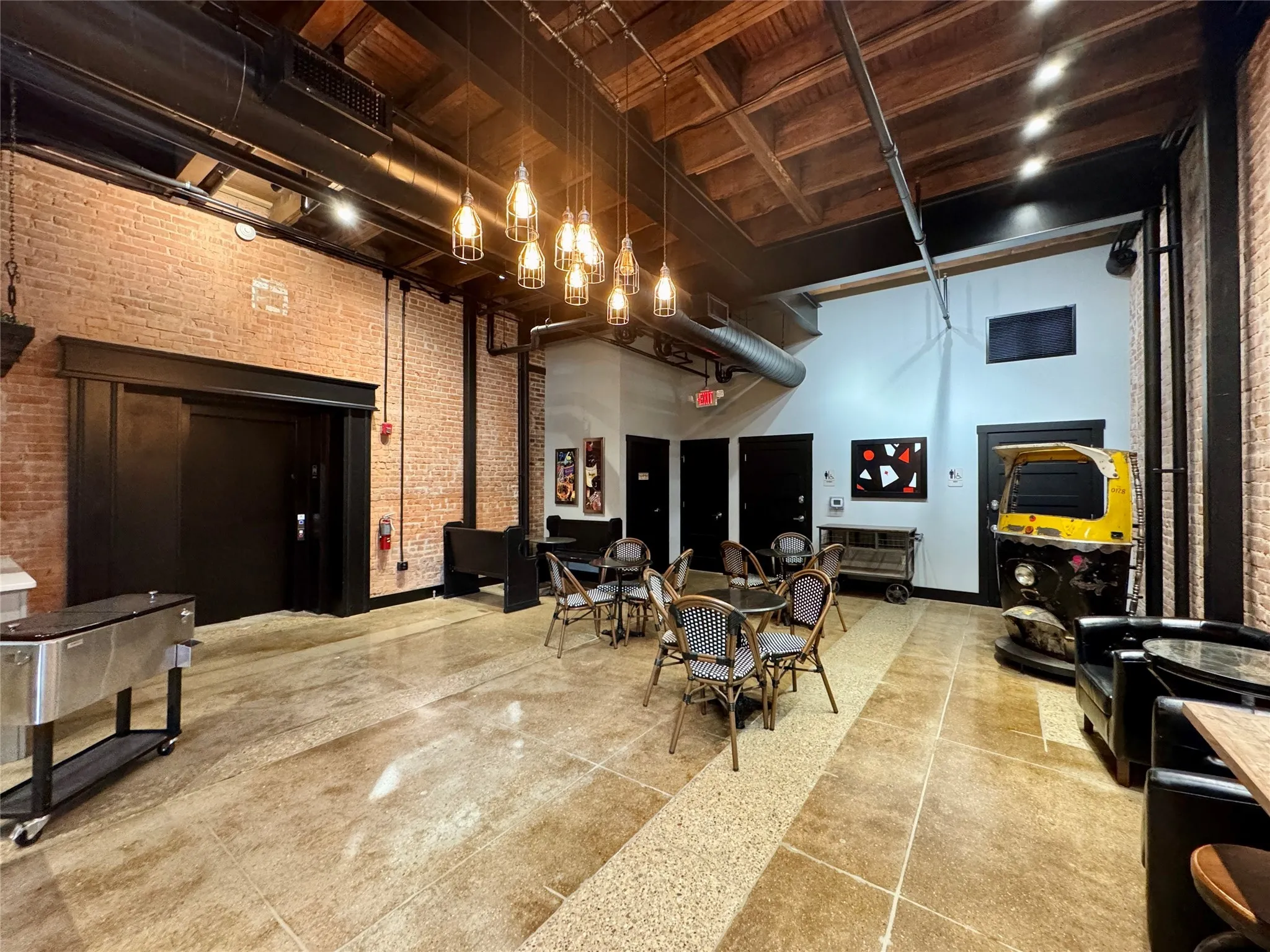 Lobby with brick wall