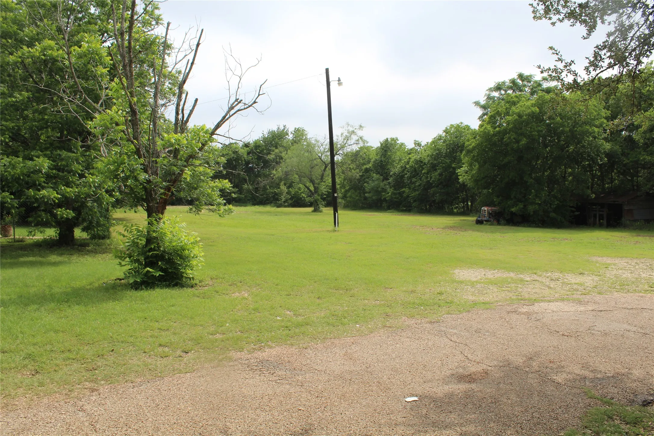 Expansive grassy lot featuring mature trees along the perimeter and a gravel drive entrance