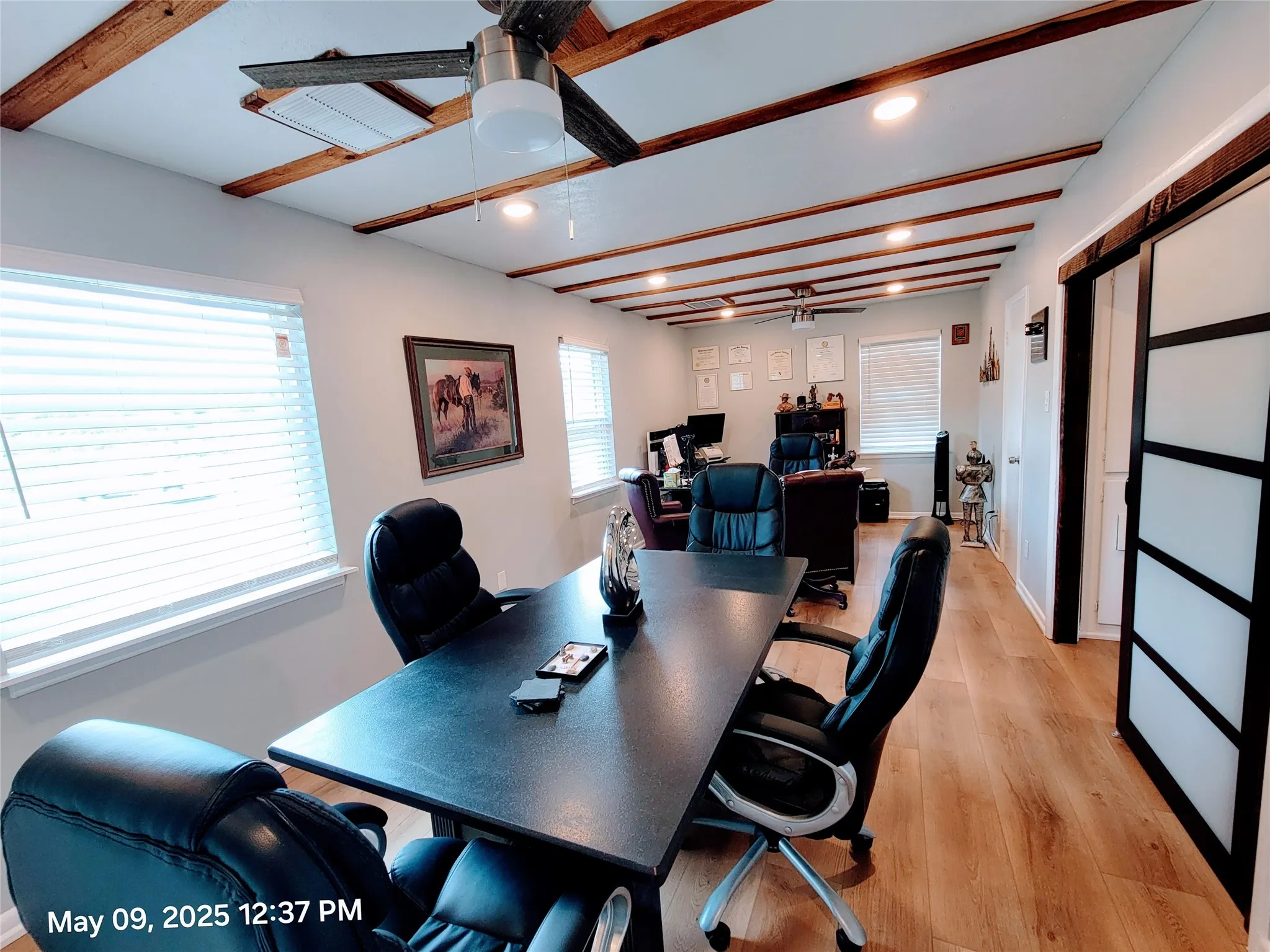 Office with beam ceiling, light wood-style flooring, a ceiling fan, and recessed lighting