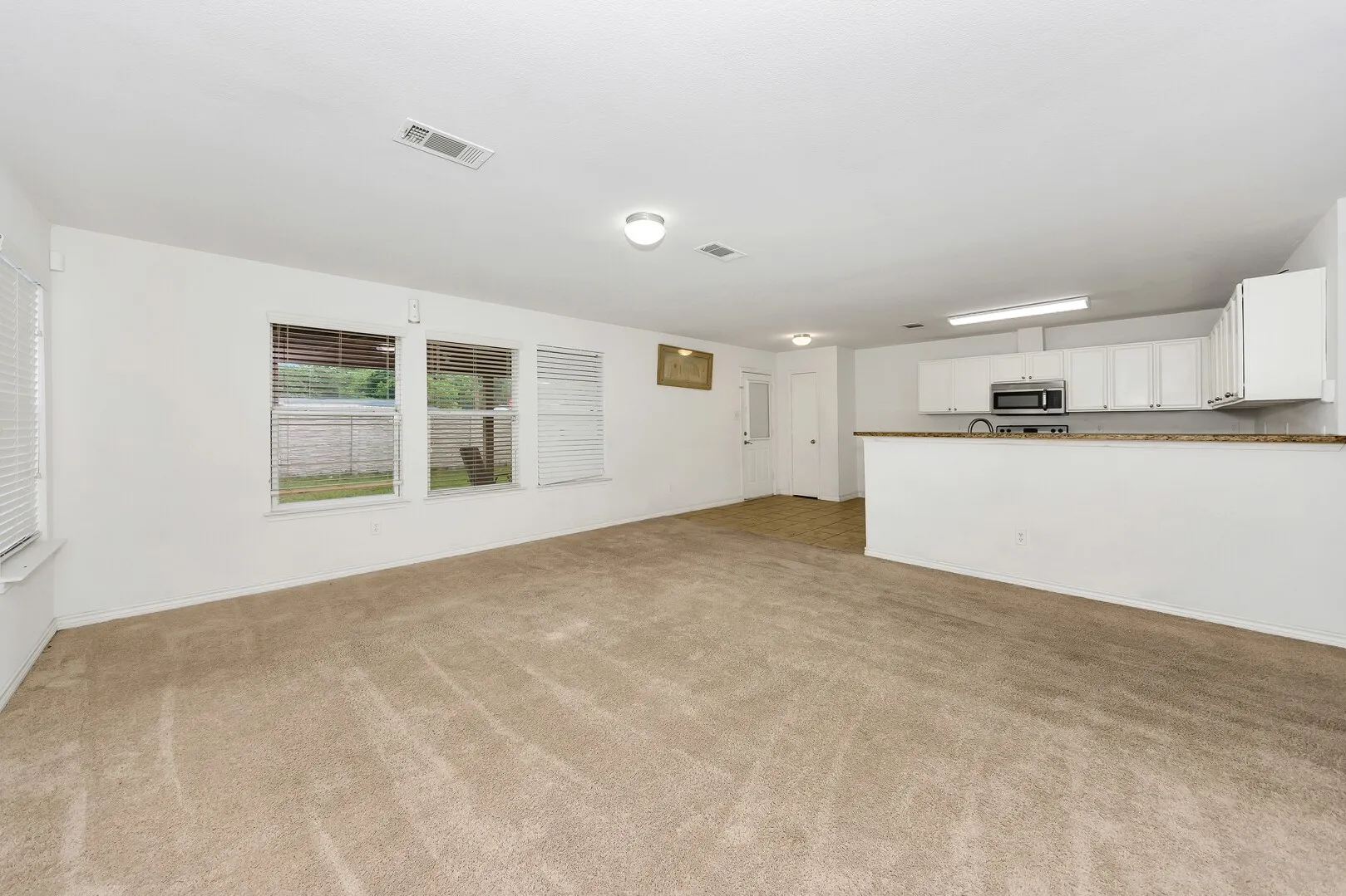 Unfurnished living room with light colored carpet