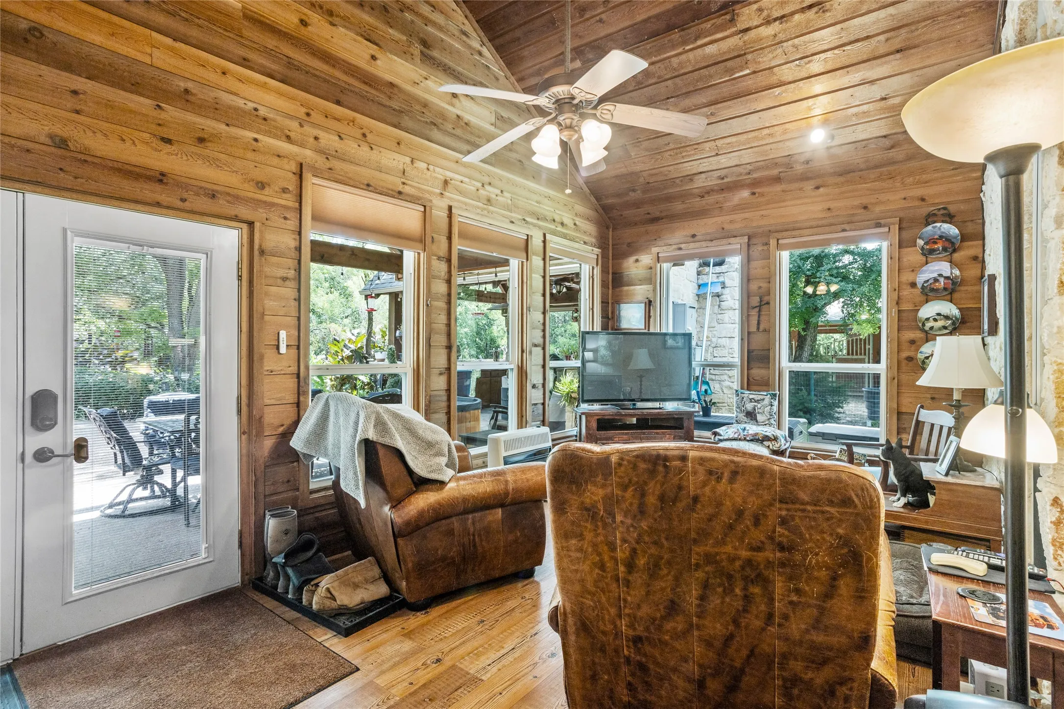 That Colorado feel imminates in the man cave leading out to the back patio.