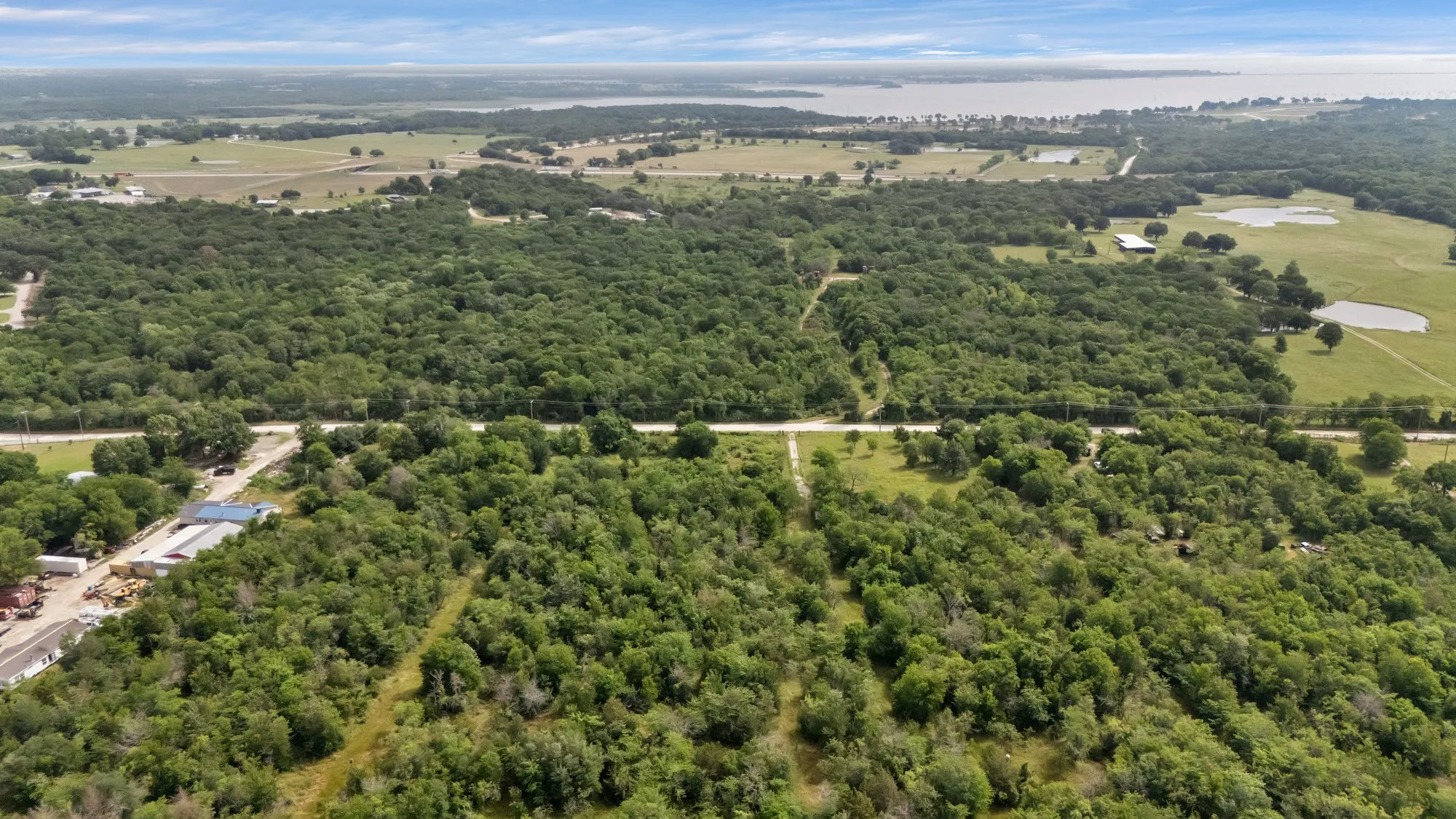 Aerial view of a heavily wooded area