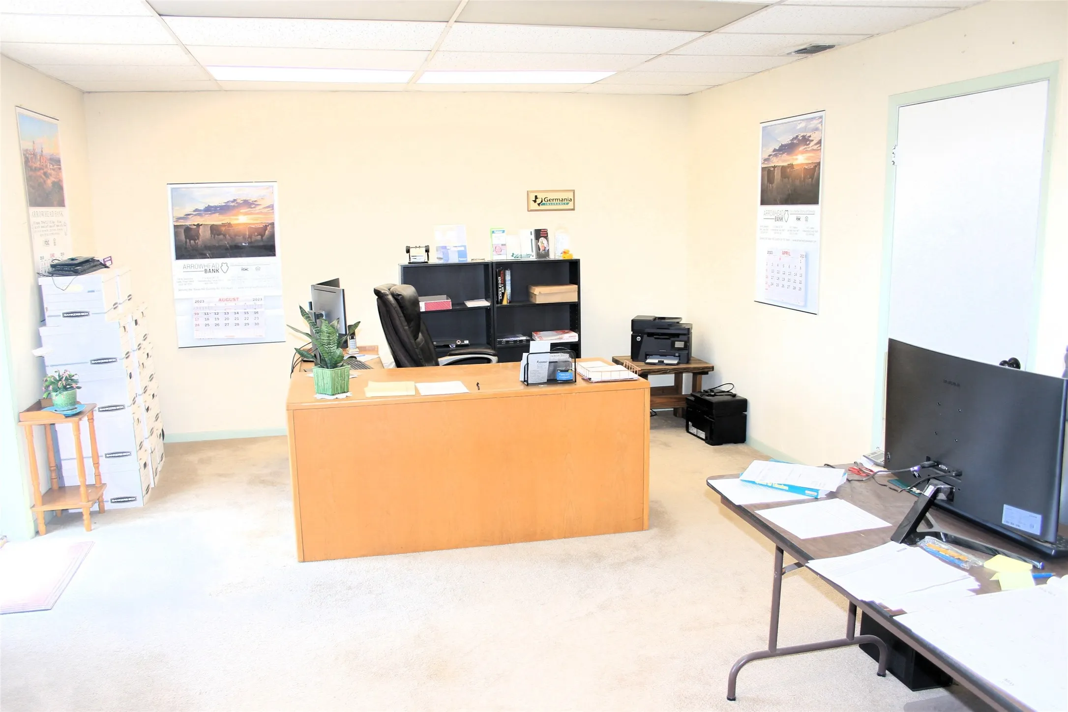 Office featuring a drop ceiling and light colored carpet