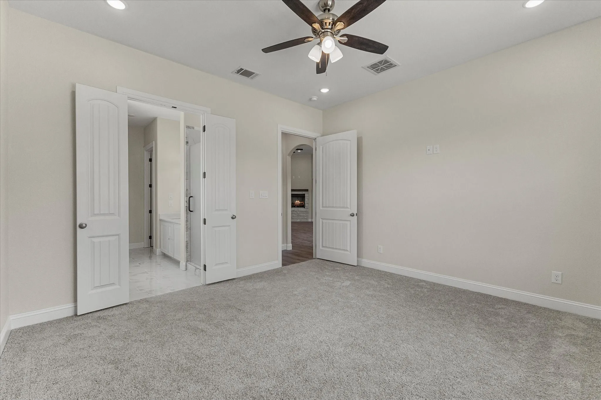 Unfurnished bedroom with carpet, recessed lighting, and ceiling fan