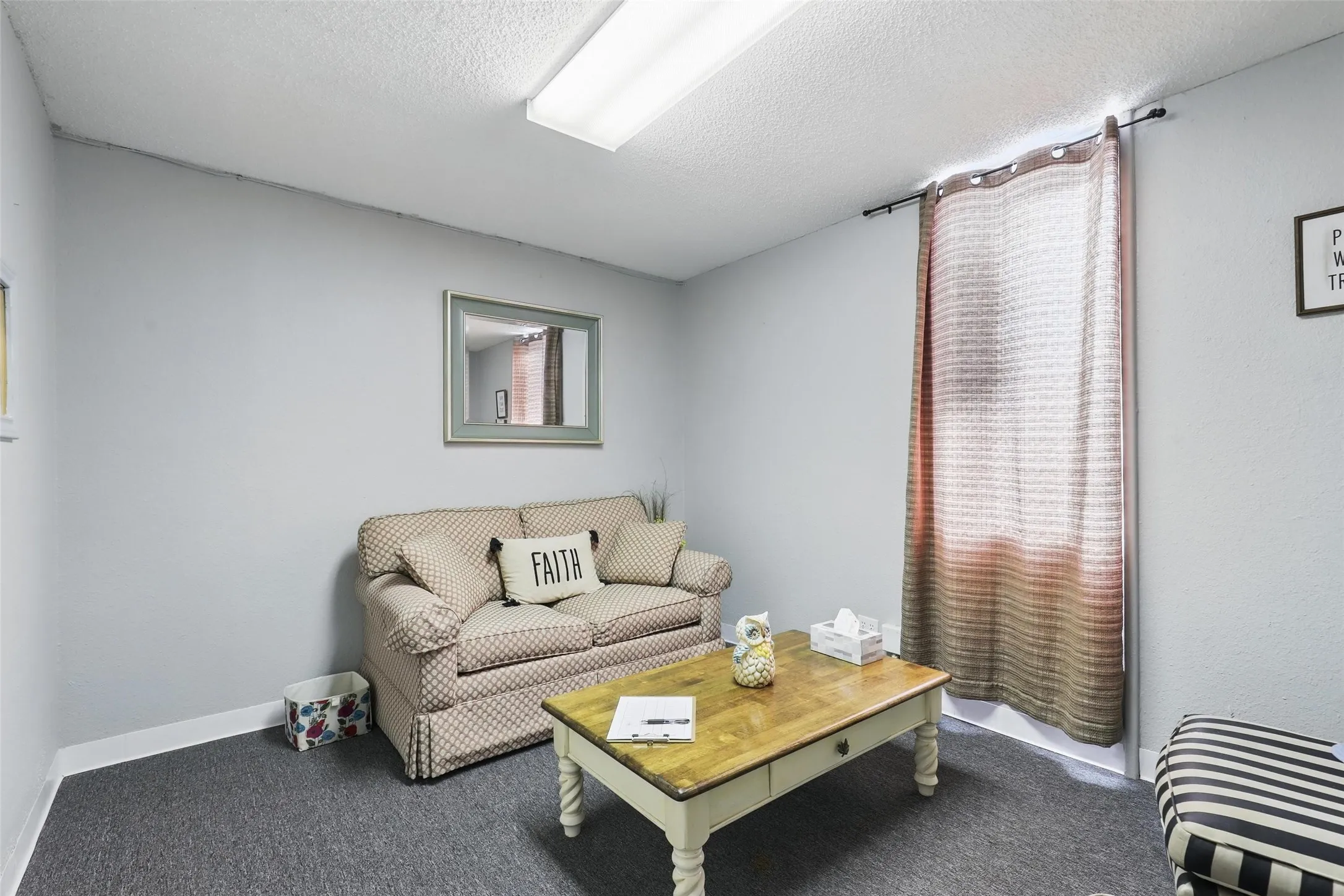 Carpeted living room with a textured ceiling and baseboards