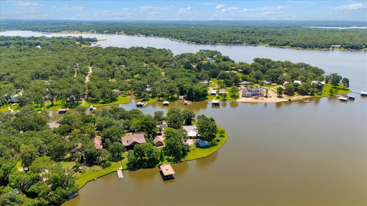 Aerial view of a nearby body of water and a forest