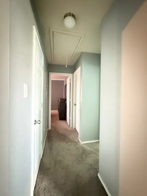 Corridor with attic access, carpet floors, and baseboards
