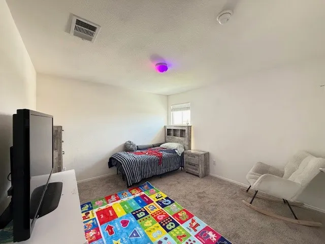 Carpeted bedroom featuring baseboards and a textured ceiling